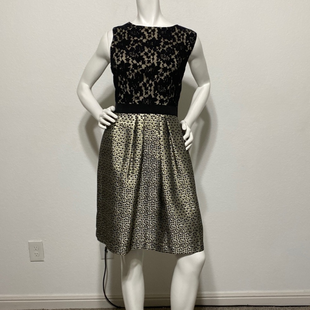 Taylor Black Lace Bodice Gold Metallic Skirt Cocktail Dress